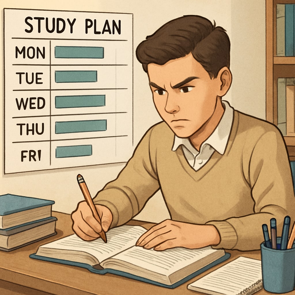 A motivated high school student studying at a desk with a well-organized plan, symbolizing determination to overcome credit deficiency. High school student focused on a study plan to catch up on credits.
