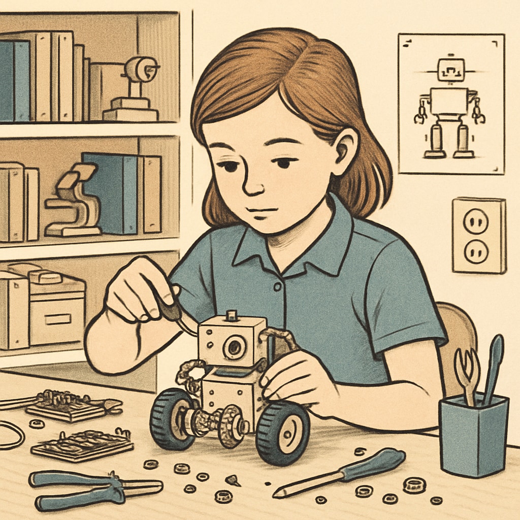 A young girl working on a creative project involving robotics, illustrating unconventional intelligence. ADHD student showcasing creative intelligence through a robotics project.
