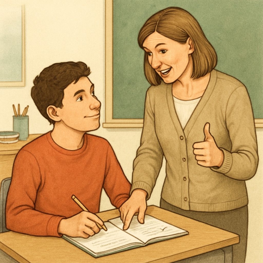 A supportive teacher-student interaction where the teacher provides constructive feedback. A teacher providing feedback to a student in a supportive manner.