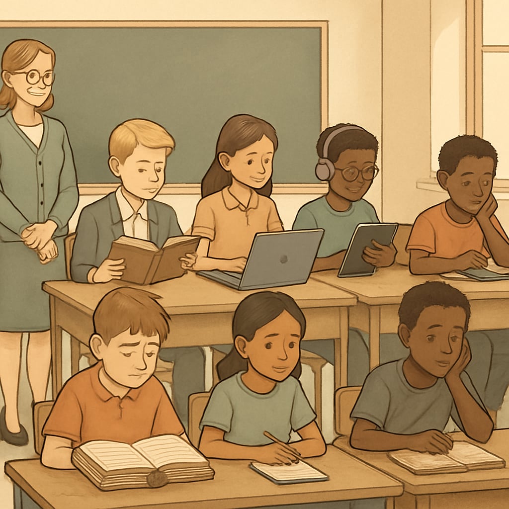 A group of students in a classroom, some appearing privileged with better resources, to highlight the socio-economic divide. Students in a classroom, showing socio-economic disparity in resources.