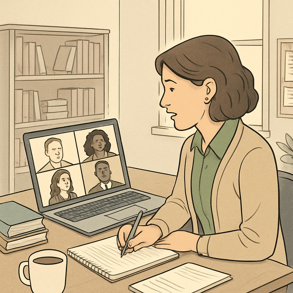 A teacher engaging in an online discussion with colleagues about classroom strategies and lesson plans. Teacher discussing strategies in a professional online setting.