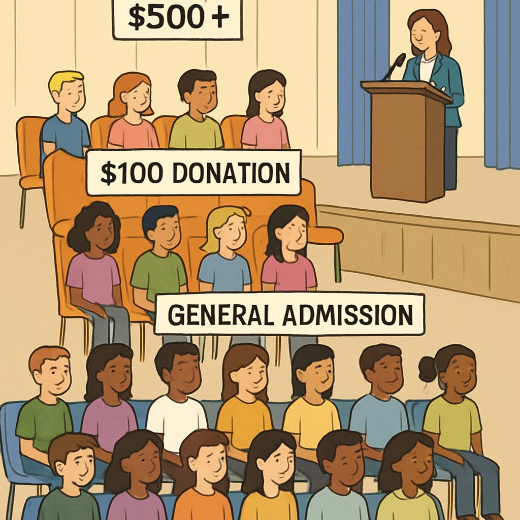 A school event with segregated seating areas labeled by donation tiers, showing the disparity in access. Segregated seating at a school event, illustrating donation-based privileges.