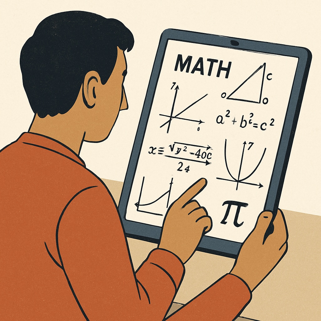 Adult learner studying math with visual learning tools on a tablet.