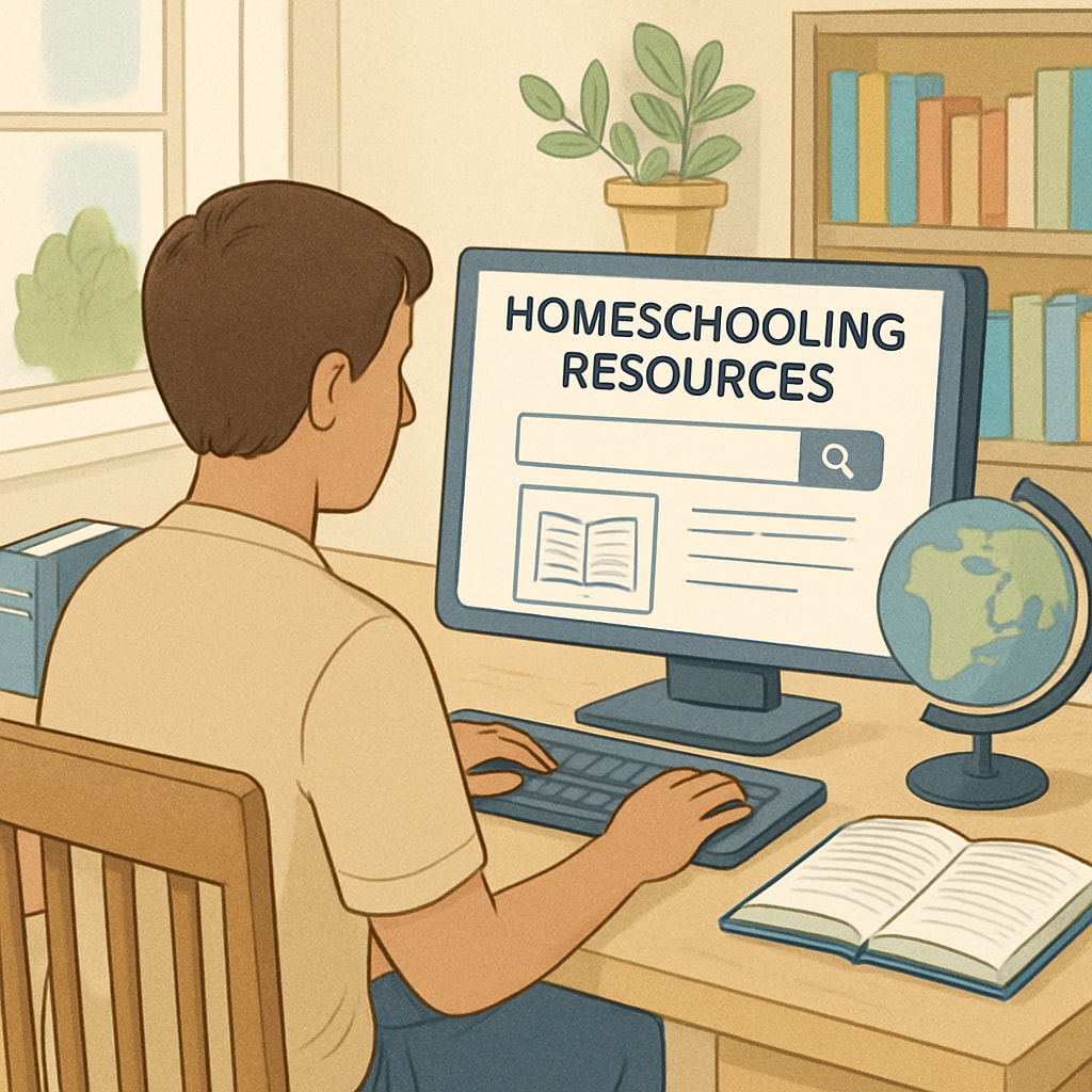 A parent researching homeschooling resources on their computer in a well-lit home environment. Parent exploring homeschooling tools and educational content online.