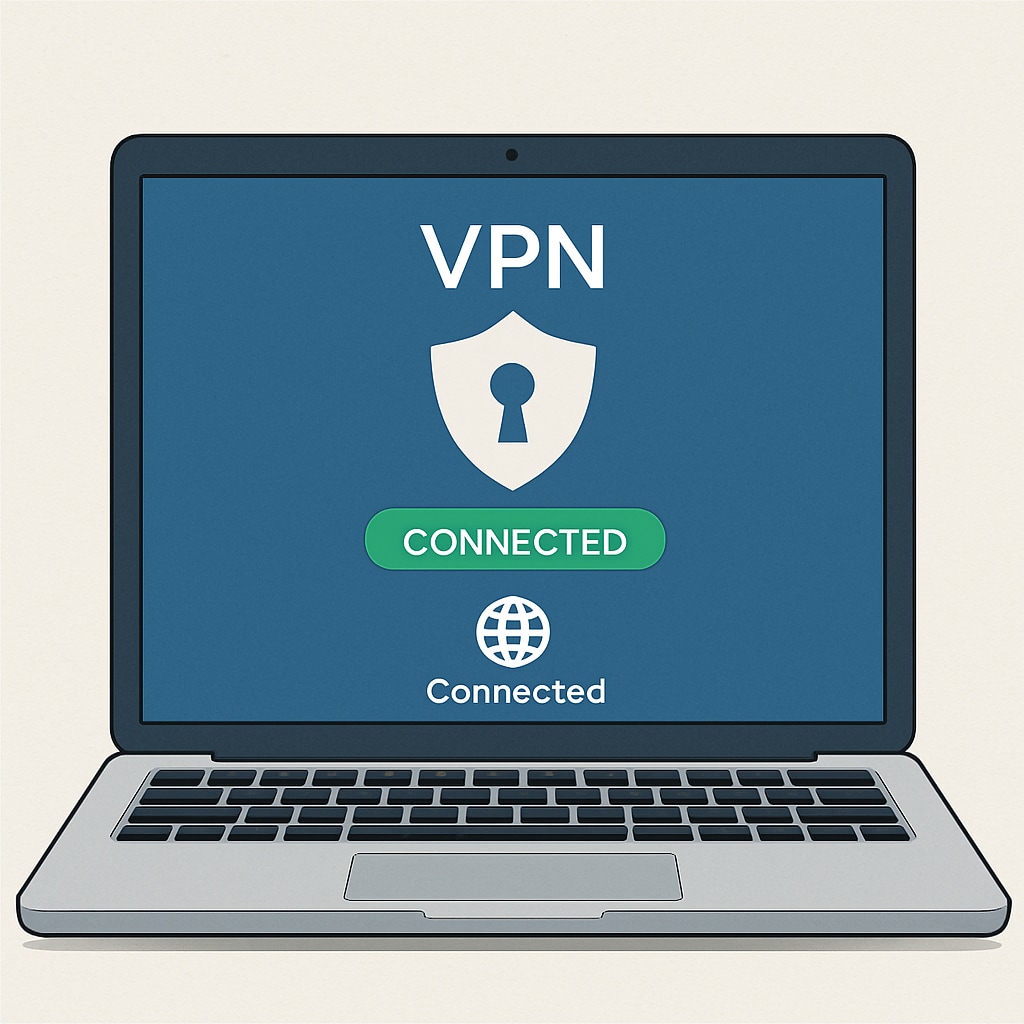 A conceptual image showing a VPN connection on a laptop screen, symbolizing digital privacy and bypassing restrictions. VPN connection screen highlighting digital privacy related to the UK's age verification law.