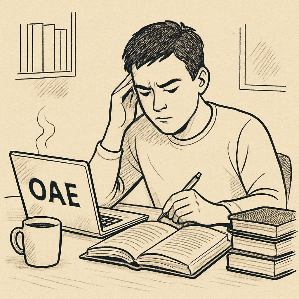 A student preparing for the OAE exam with study materials on a desk.