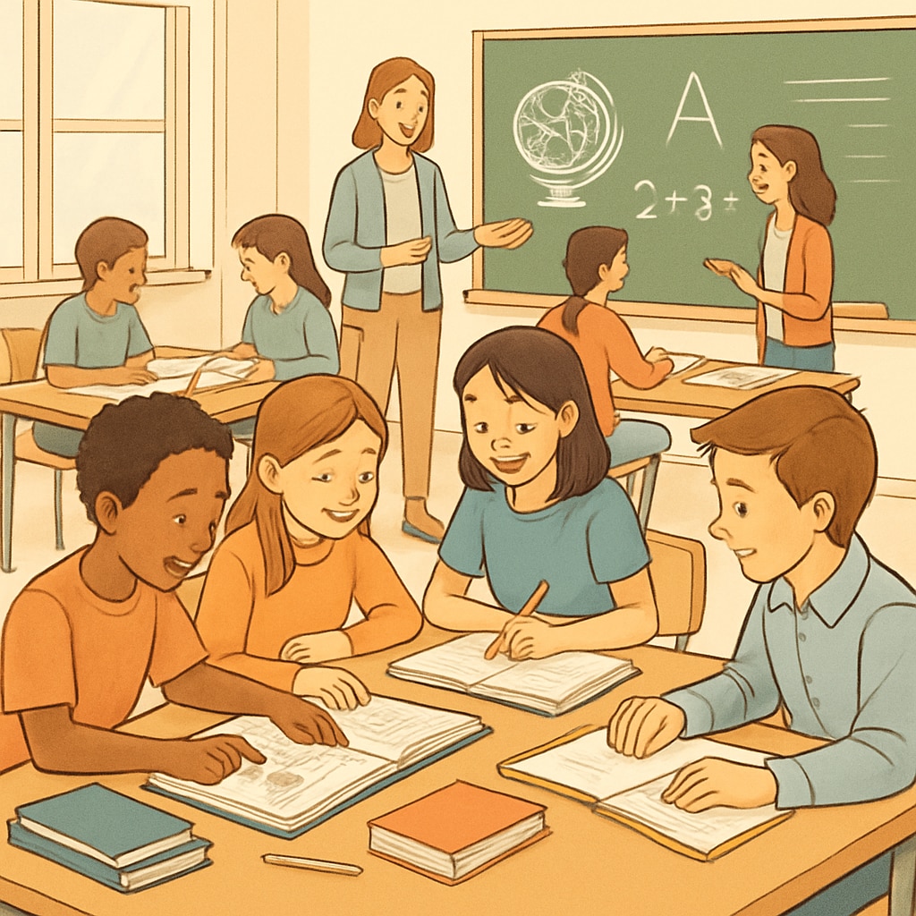 Students participating in group activities in a classroom, showcasing collaborative learning.