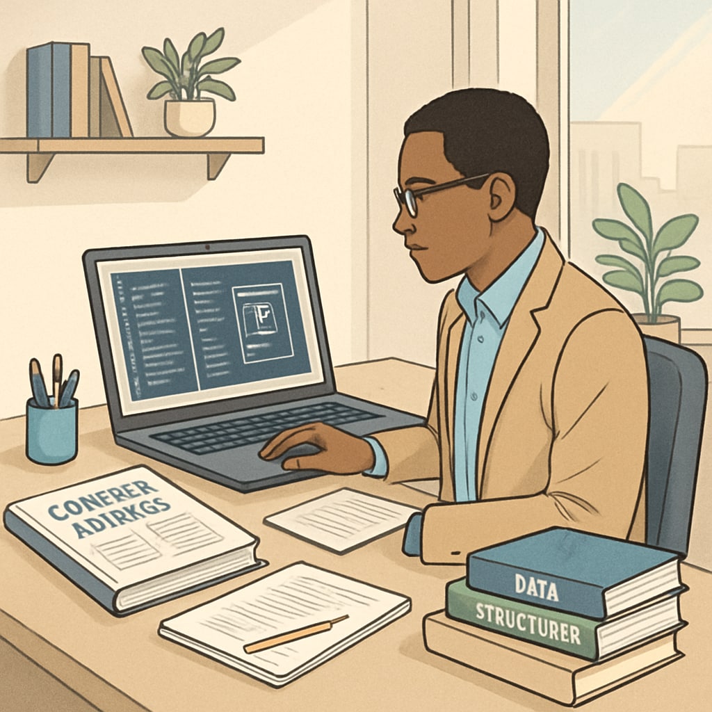 Online computer science master’s degree study setup in a home office