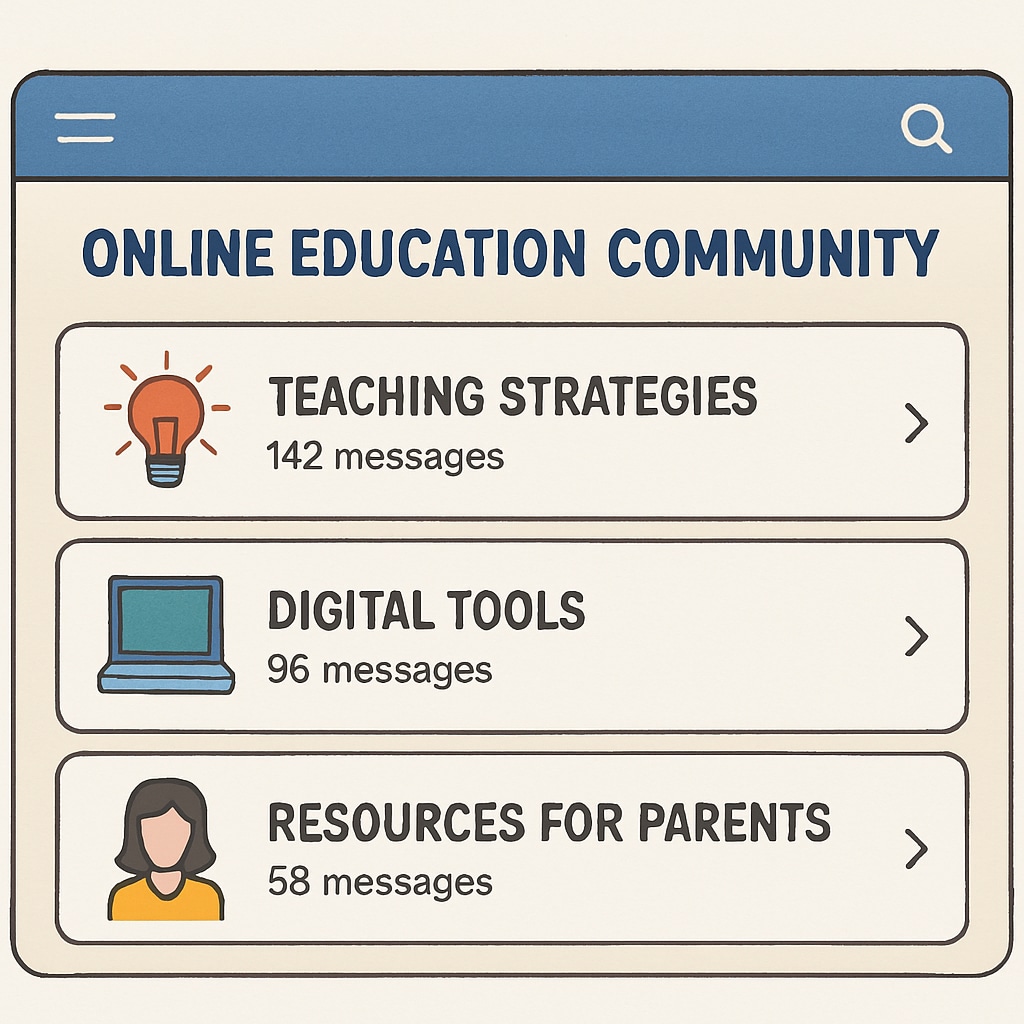 Online education community interface with subforums for teaching strategies and digital tools.