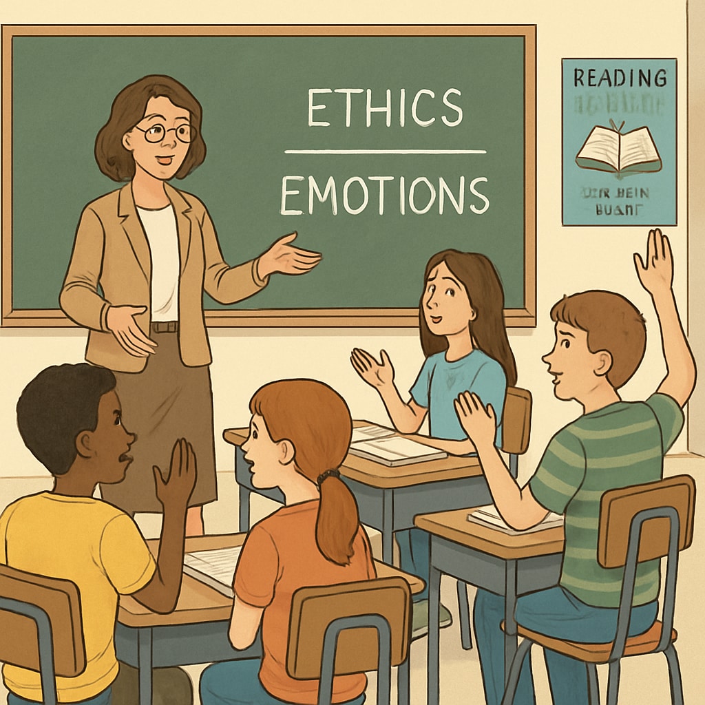 A classroom setting with students engaging in a discussion about ethics and emotions, guided by a teacher. Students discussing ethics and emotions in a classroom setting.