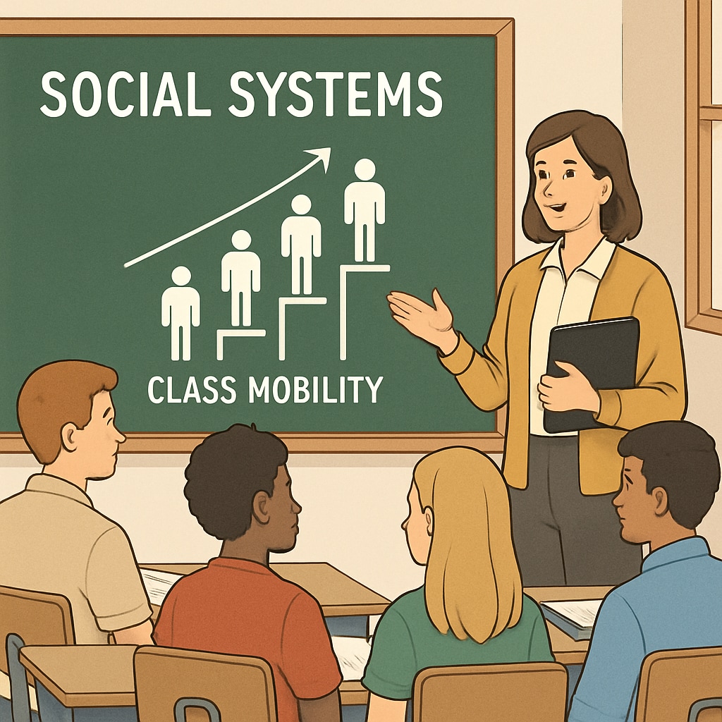 Students in a classroom discussing social systems and mobility with their teacher.