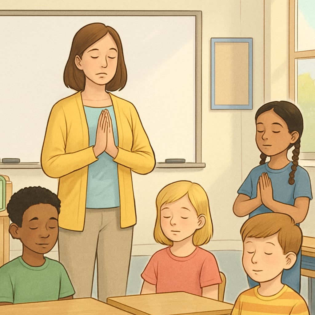 A teacher guiding students through a mindfulness exercise in a bright classroom. Teacher conducting a mindfulness activity with students.