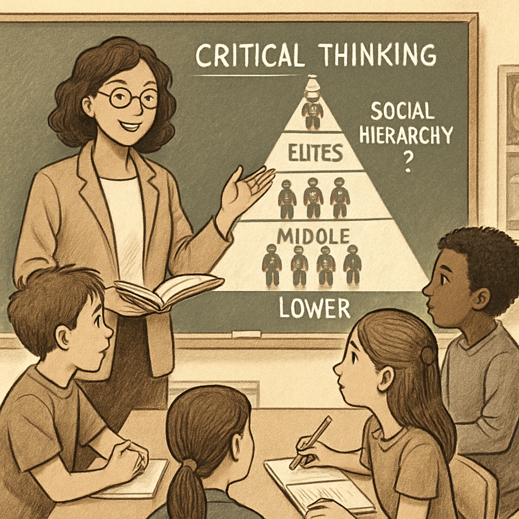 Teacher guiding students in critical analysis of class stratification.
