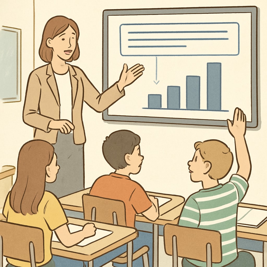 A teacher helping students with a digital presentation in a classroom setting. This image illustrates the collaborative aspect of education and aligns with the topic of building an education network. Teacher assisting students during a digital presentation in a classroom