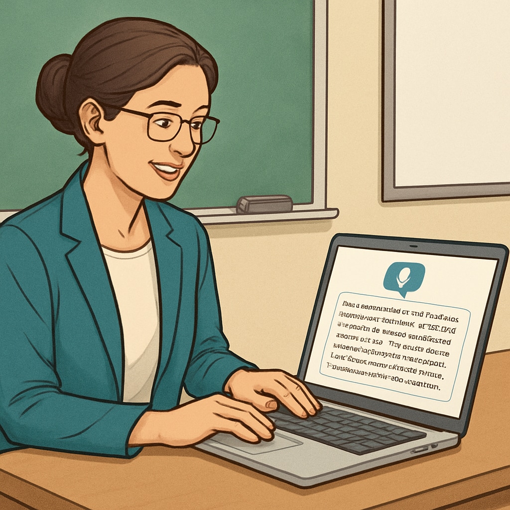 A teacher using a speech-to-text tool on a laptop, with transcribed notes visible on the screen. Teacher leveraging speech-to-text technology to streamline administrative tasks.
