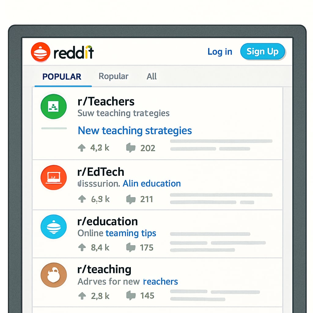 A screenshot of the Reddit homepage showcasing popular education-related subreddits, such as r/Teachers and r/EdTech. Reddit homepage displaying education-focused subreddits like r/Teachers and r/EdTech