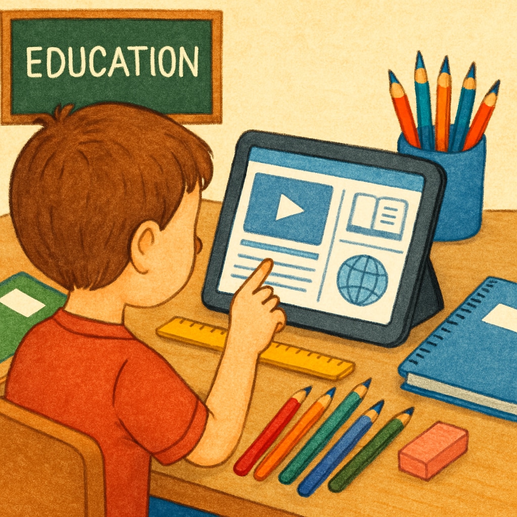 A child using a tablet to access educational websites, sitting at a desk covered with colorful school supplies like pencils and notebooks. Child using tablet for summer learning on free educational websites.