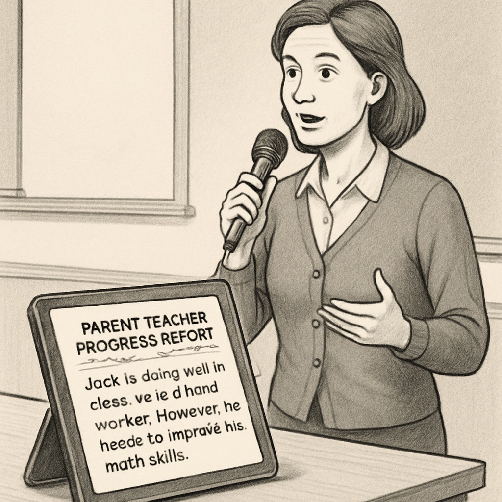 A teacher speaking into a microphone, with a parent-teacher progress report being transcribed in real-time on a tablet. Teacher using WillowVoice for real-time transcription of parent-teacher communication.