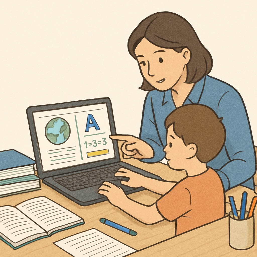 A parent assisting their child in navigating a laptop screen with educational content displayed, surrounded by books and notes. Parent helping child explore early education websites during the summer.