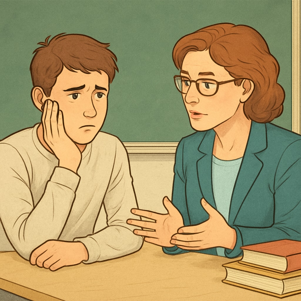 A concerned K12 student speaking to a teacher about an academic issue, symbolizing the emotional impact of academic misconduct accusations. K12 student and teacher discussing academic integrity concerns.