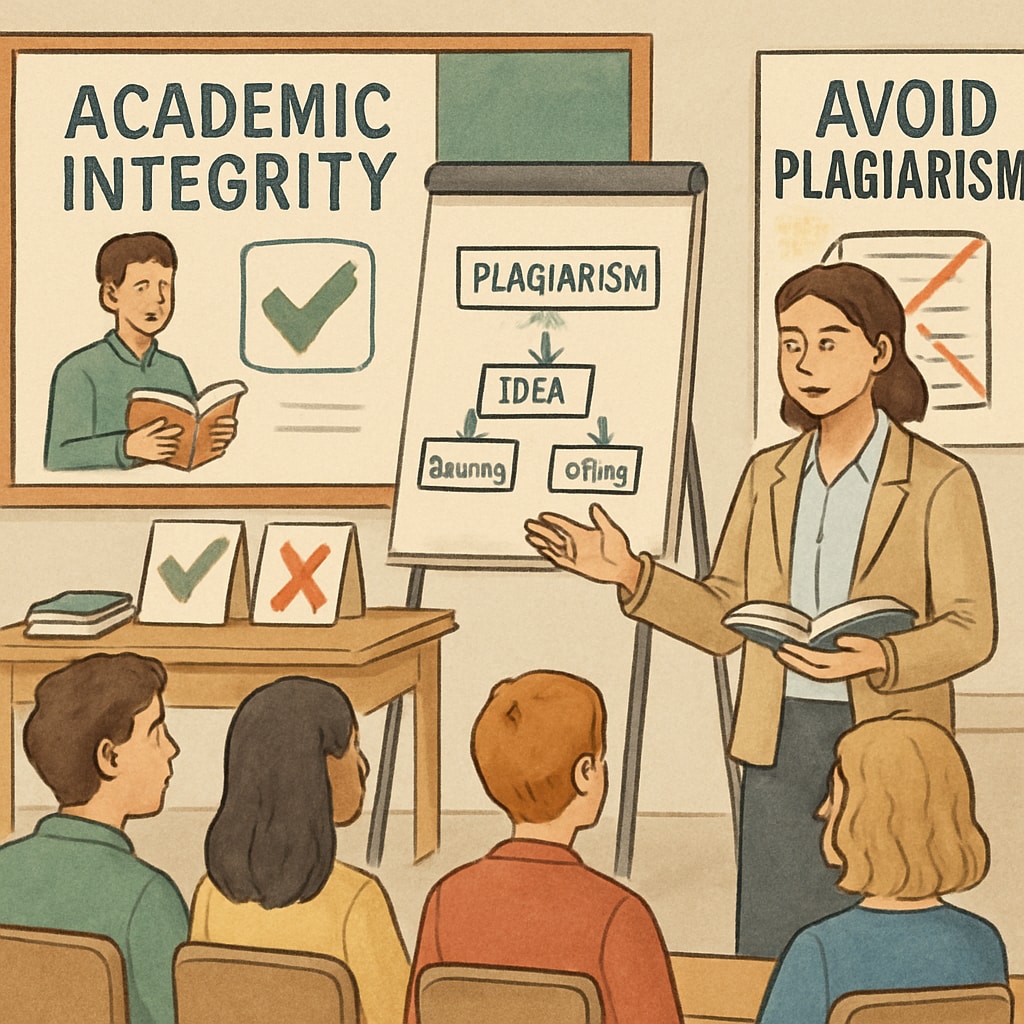 A teacher conducting a workshop on academic integrity with a group of students, demonstrating proactive education about plagiarism. Teacher discussing plagiarism and academic integrity with students.
