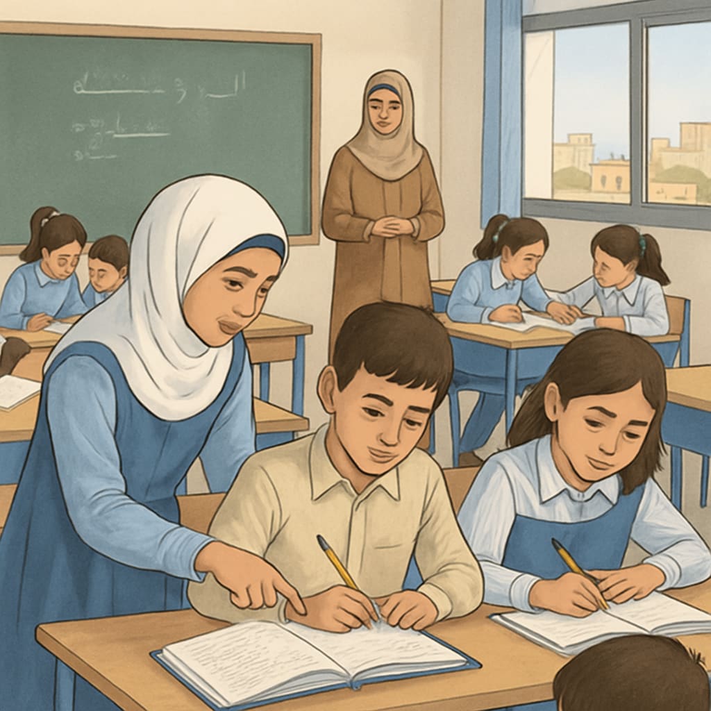 Classroom in Gaza with students involved in hands-on activities for science education.