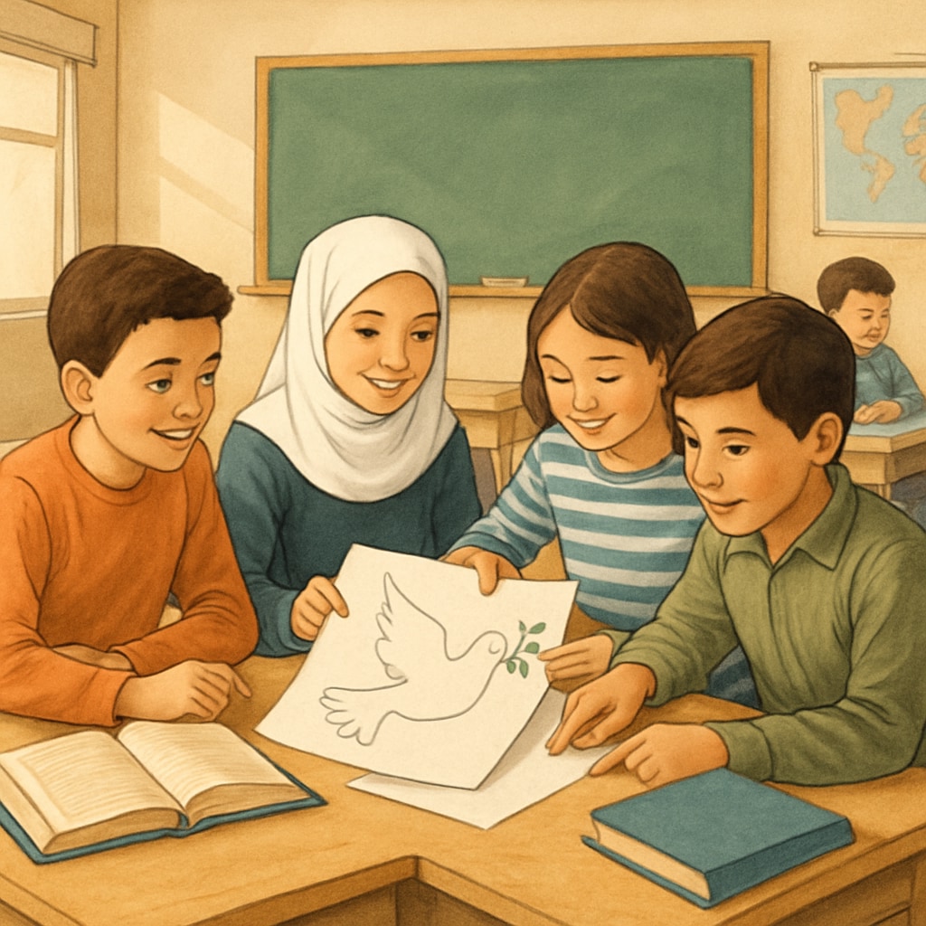 Students in a classroom in Gaza participating in a collaborative activity focused on peacebuilding. Gaza classroom activity promoting peace and collaboration among students.