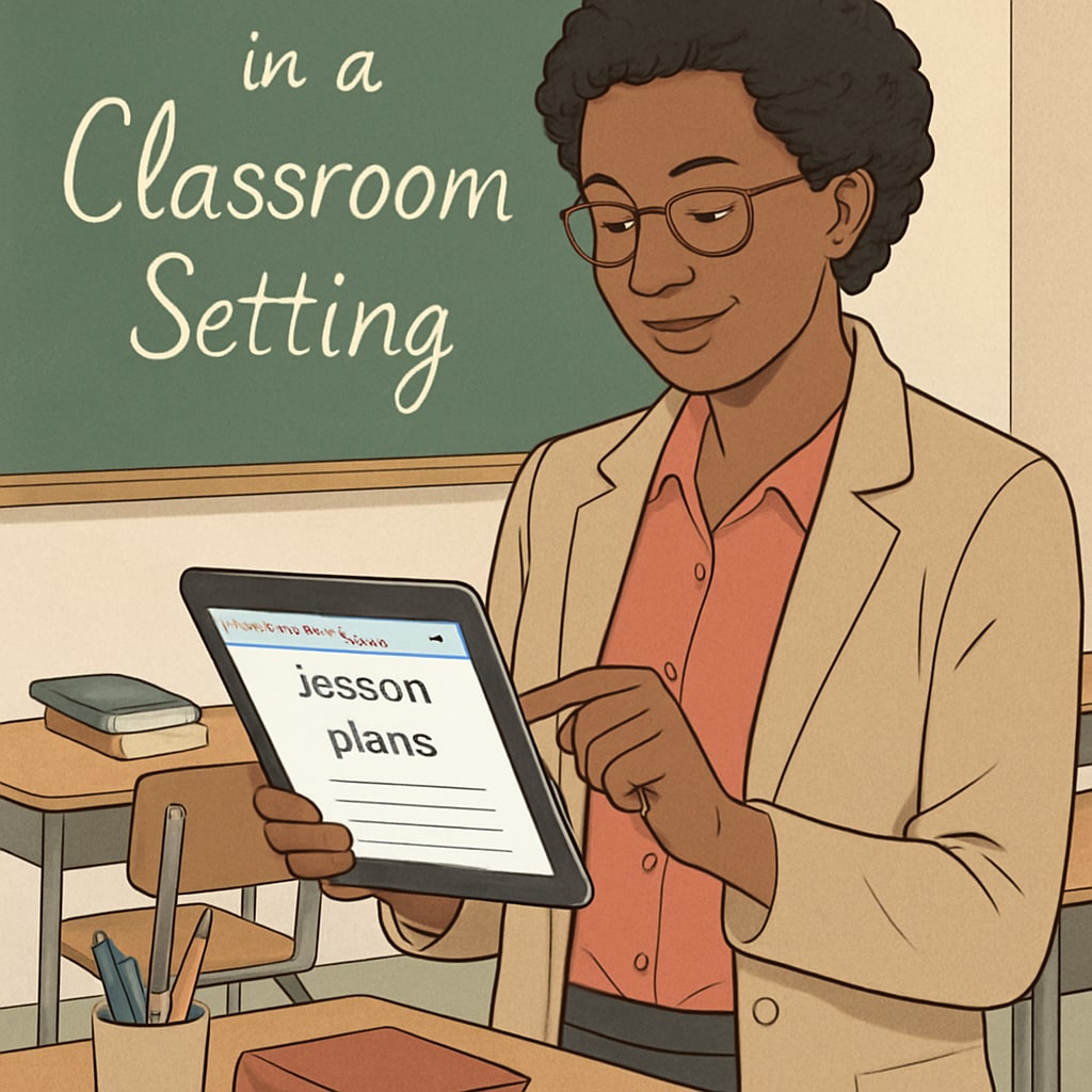 An educator using WillowVoice on a tablet to transcribe lesson plans in a classroom setting. Teacher using WillowVoice voice-to-text technology for lesson planning.