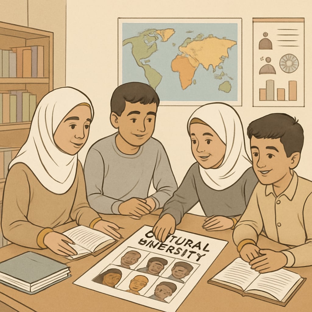 Students in Gaza collaborating on social studies lessons emphasizing unity and diversity.