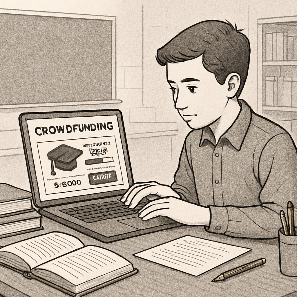 A student sitting at a desk, focused on creating a crowdfunding campaign for their tuition fees using a laptop. Crowdfunding campaign for tuition fees by an economically disadvantaged student.