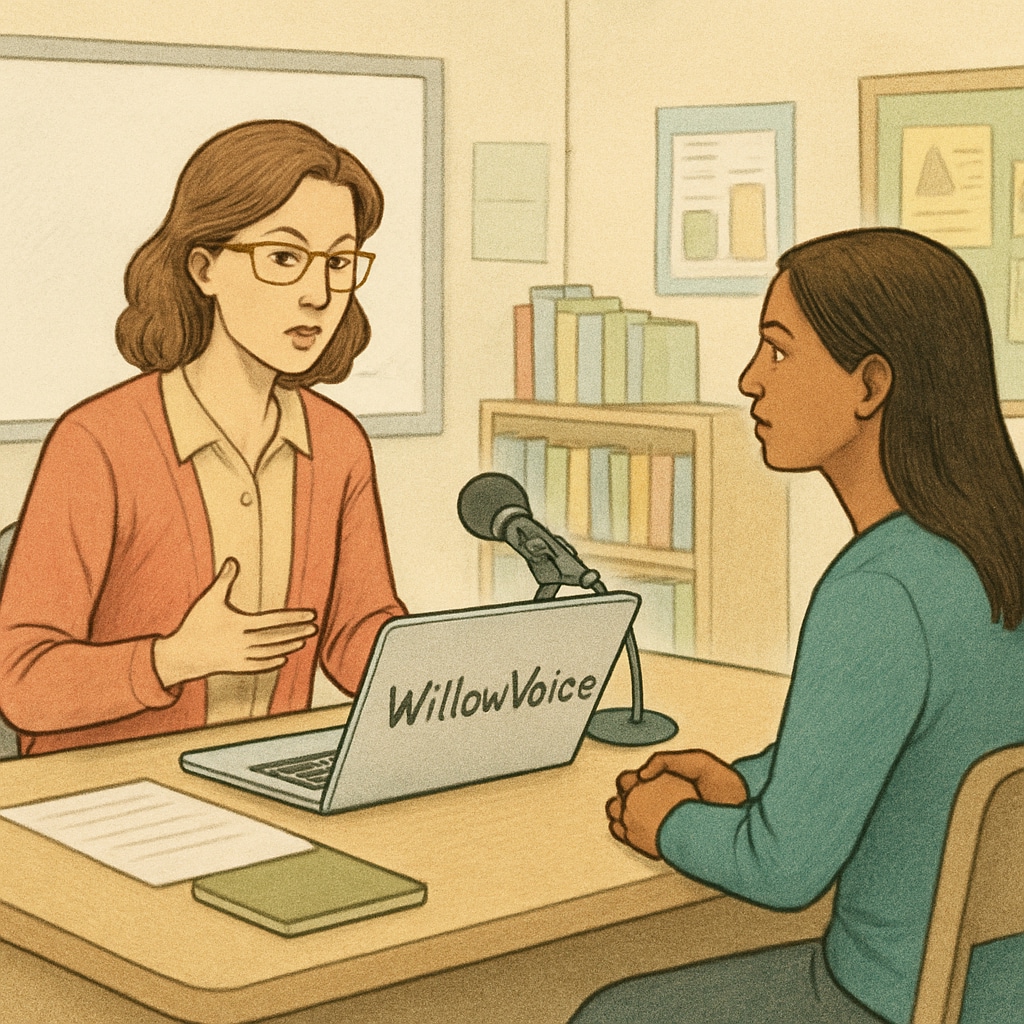A teacher dictating feedback into WillowVoice software during a parent-teacher conference. Teacher utilizing WillowVoice for feedback transcription during a meeting.
