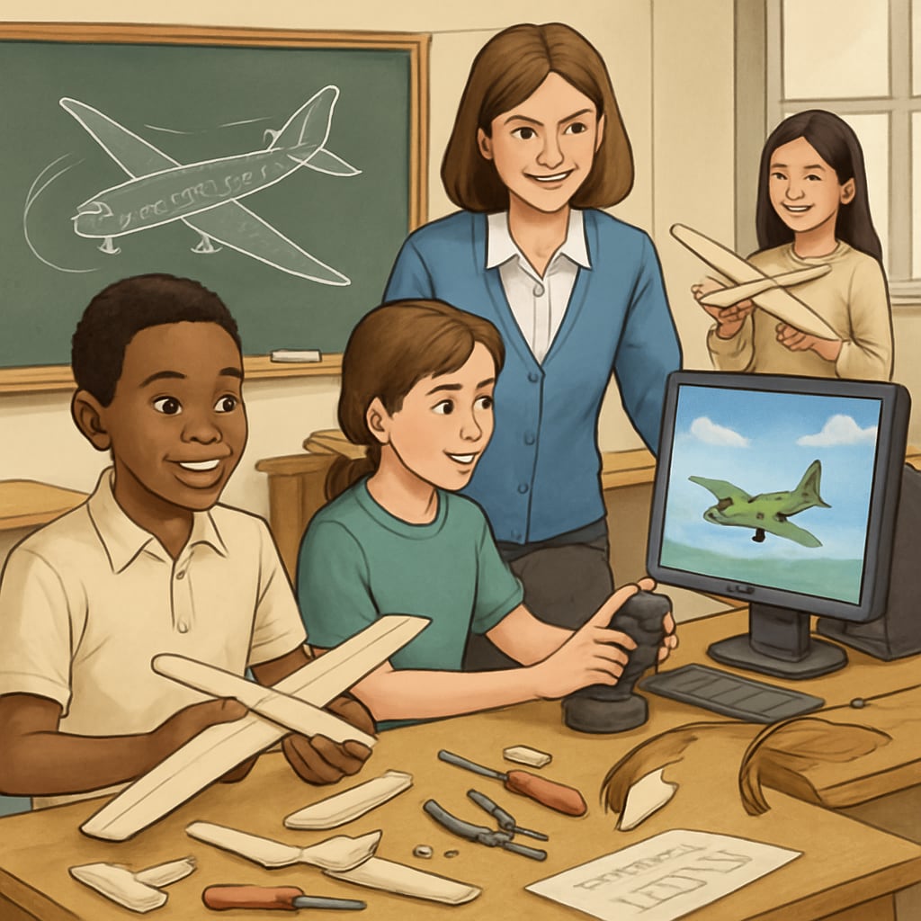A classroom of students engaged in an aviation-related STEM activity, such as building model airplanes or using flight simulation software. Students participating in aviation-themed STEM activities.
