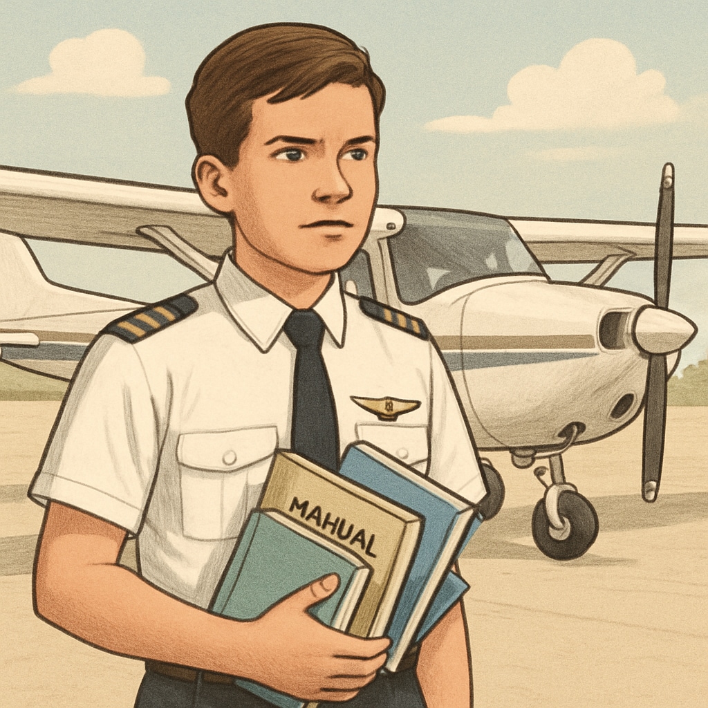 A young pilot in training standing next to an aircraft, holding learning materials and showcasing determination. Aspiring pilot beside an aircraft, representing CPL training progress.