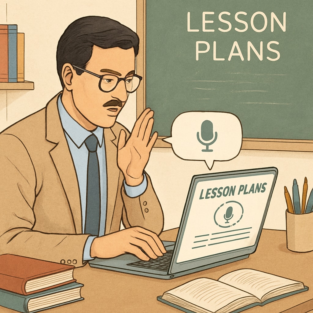 A teacher using a speech-to-text application like WillowVoice to dictate lesson plans on a laptop. Teacher using WillowVoice speech-to-text application for lesson planning.