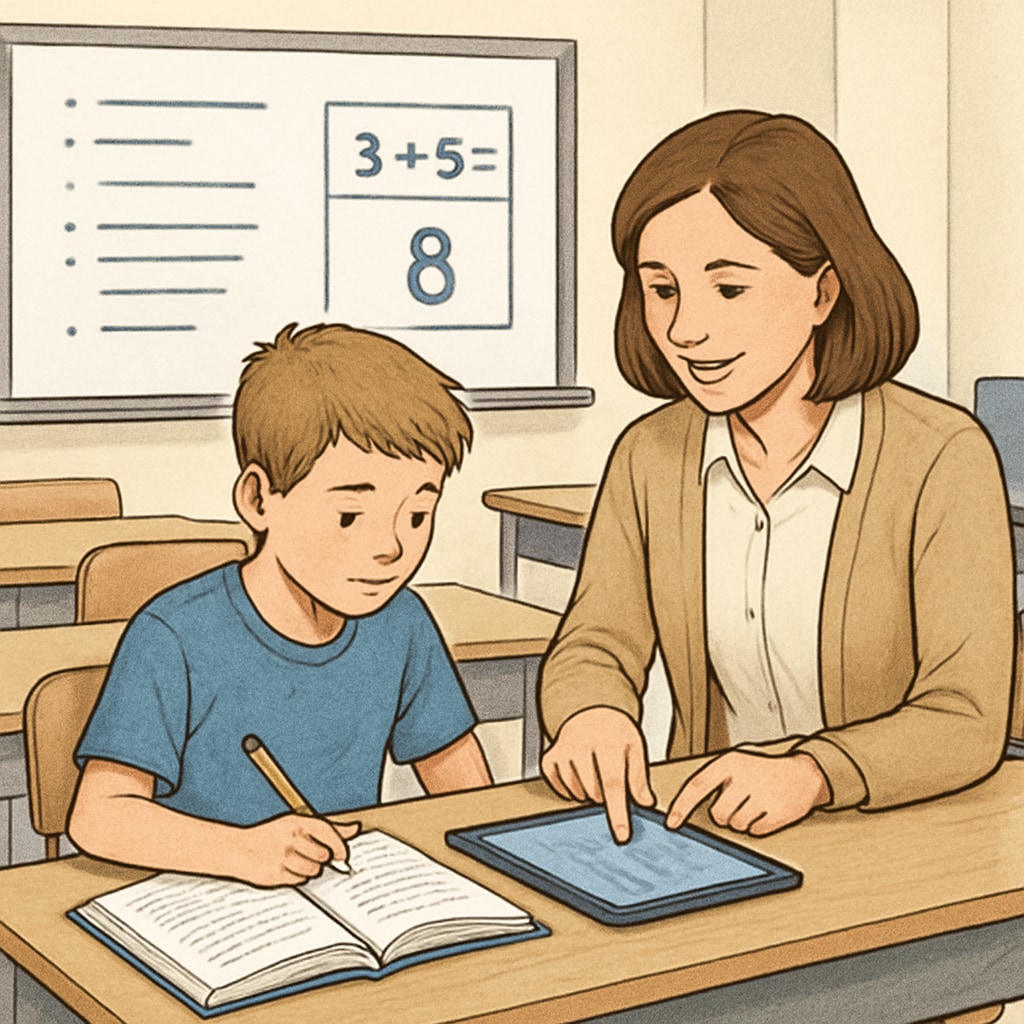 A teacher providing personalized support to a student with learning challenges in a classroom setting.
