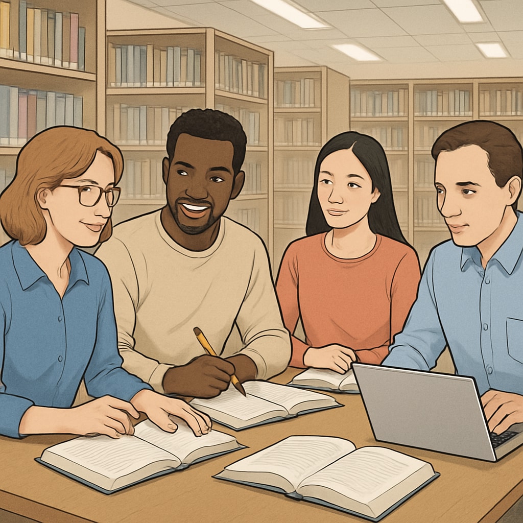 A diverse group of adults studying together in a library, symbolizing collaboration and lifelong learning. Adult learners studying in a library, representing collaboration and lifelong learning.