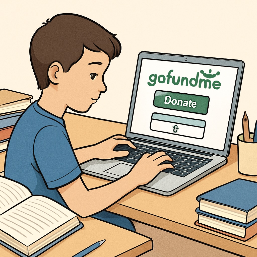 A young student working on a laptop, surrounded by textbooks, with a GoFundMe webpage open on the screen. Student using GoFundMe platform to address tuition challenges.