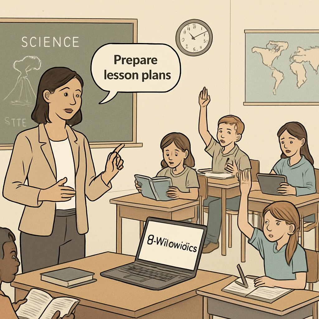 A classroom setting where a teacher uses voice commands to prepare lesson plans with WillowVoice, while students engage in activities. Classroom scene with WillowVoice enhancing lesson preparation through voice commands.