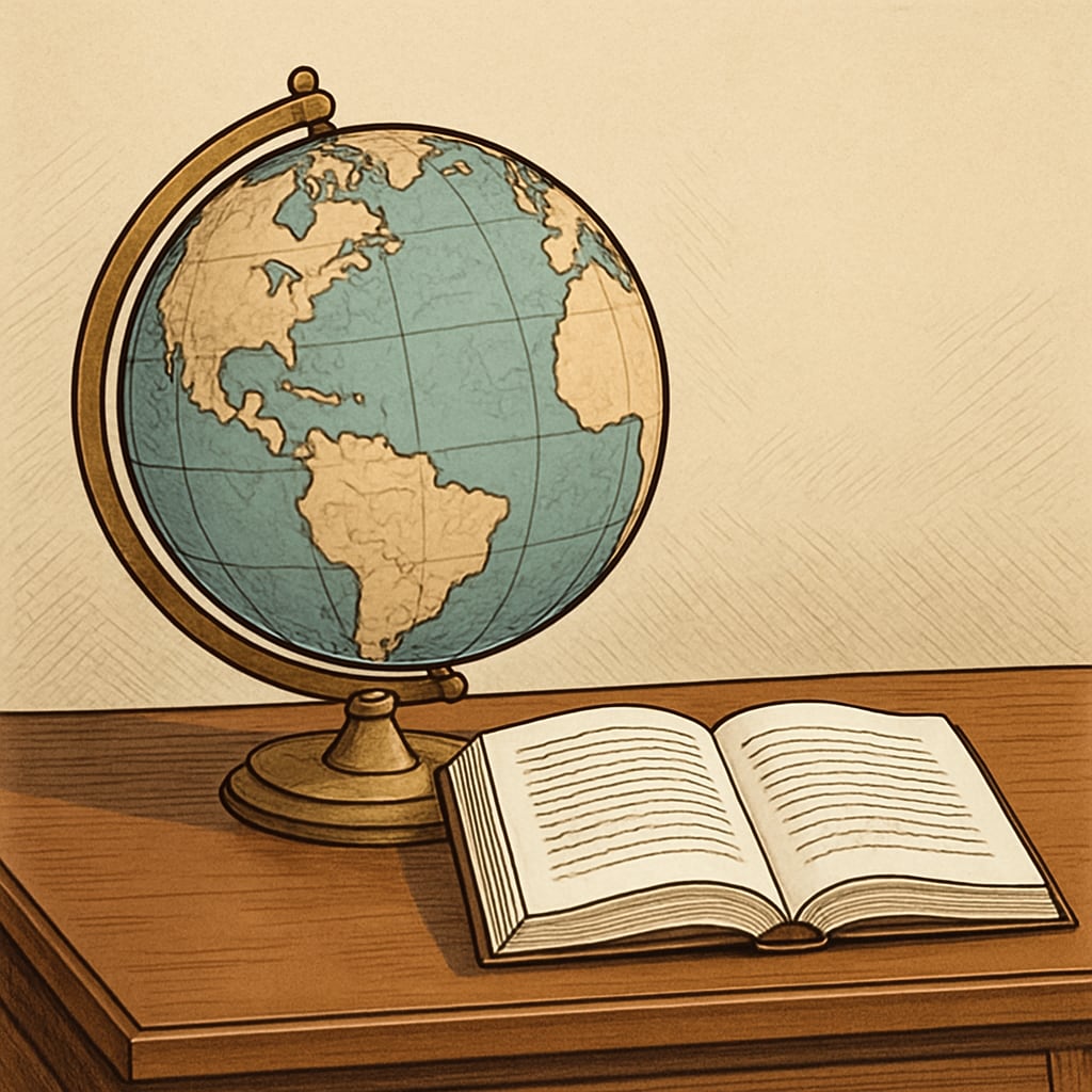 A historical globe and open book on a wooden desk, representing world history learning. Historical globe and open book, symbolizing world history education for adults.