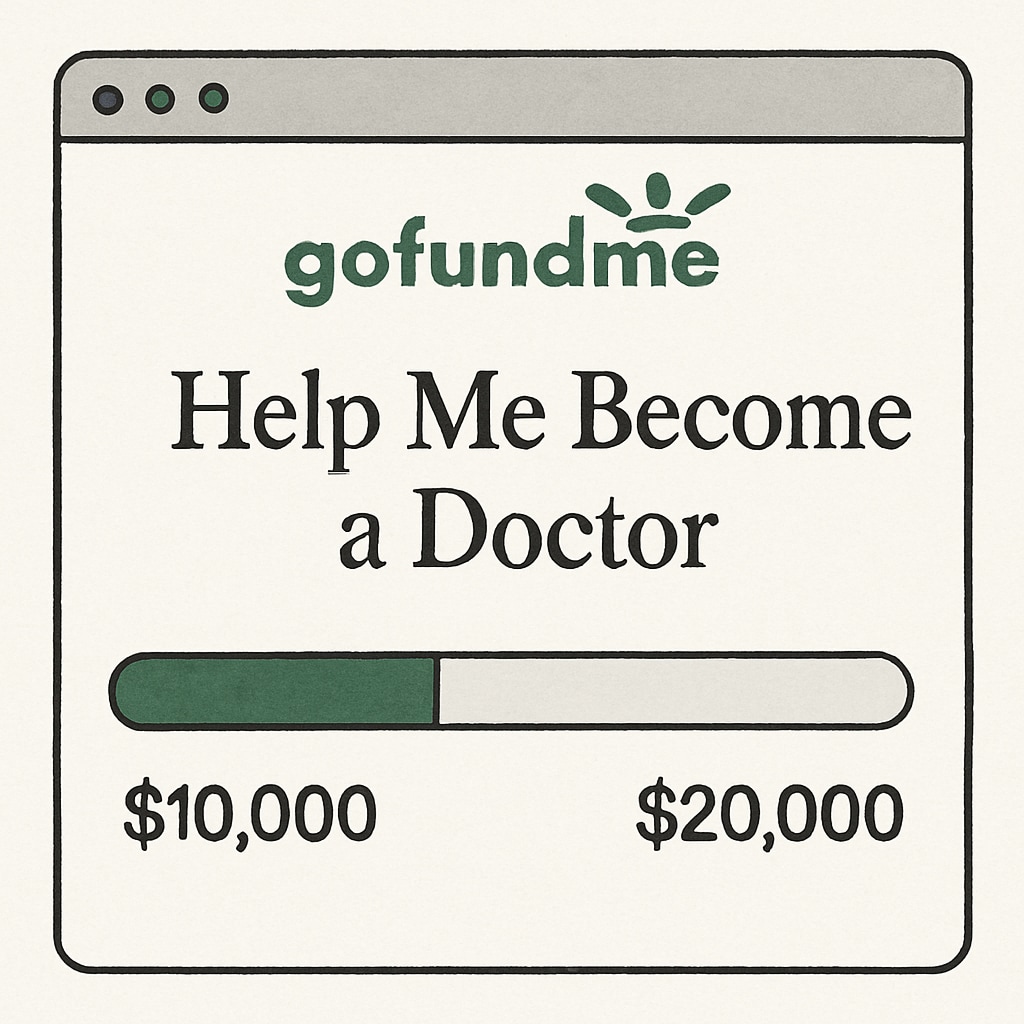 A screenshot of a successful GoFundMe campaign with a title like Example of a GoFundMe campaign for medical school tuition.
