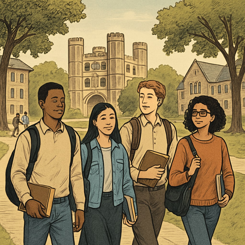 Princeton campus with students walking, symbolizing ambition and diversity.