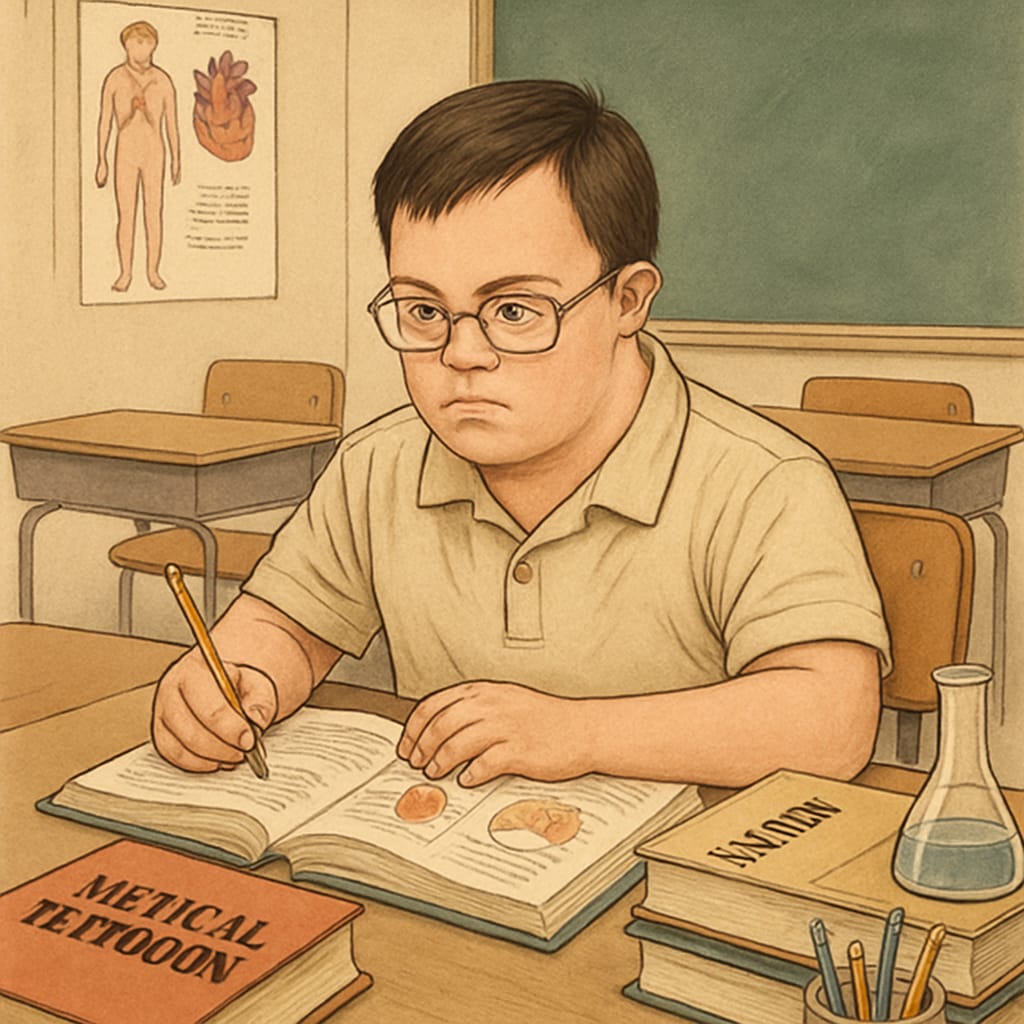 A determined special needs student studying medical textbooks, symbolizing resilience and hope. Special needs student pursuing medical dreams with determination.