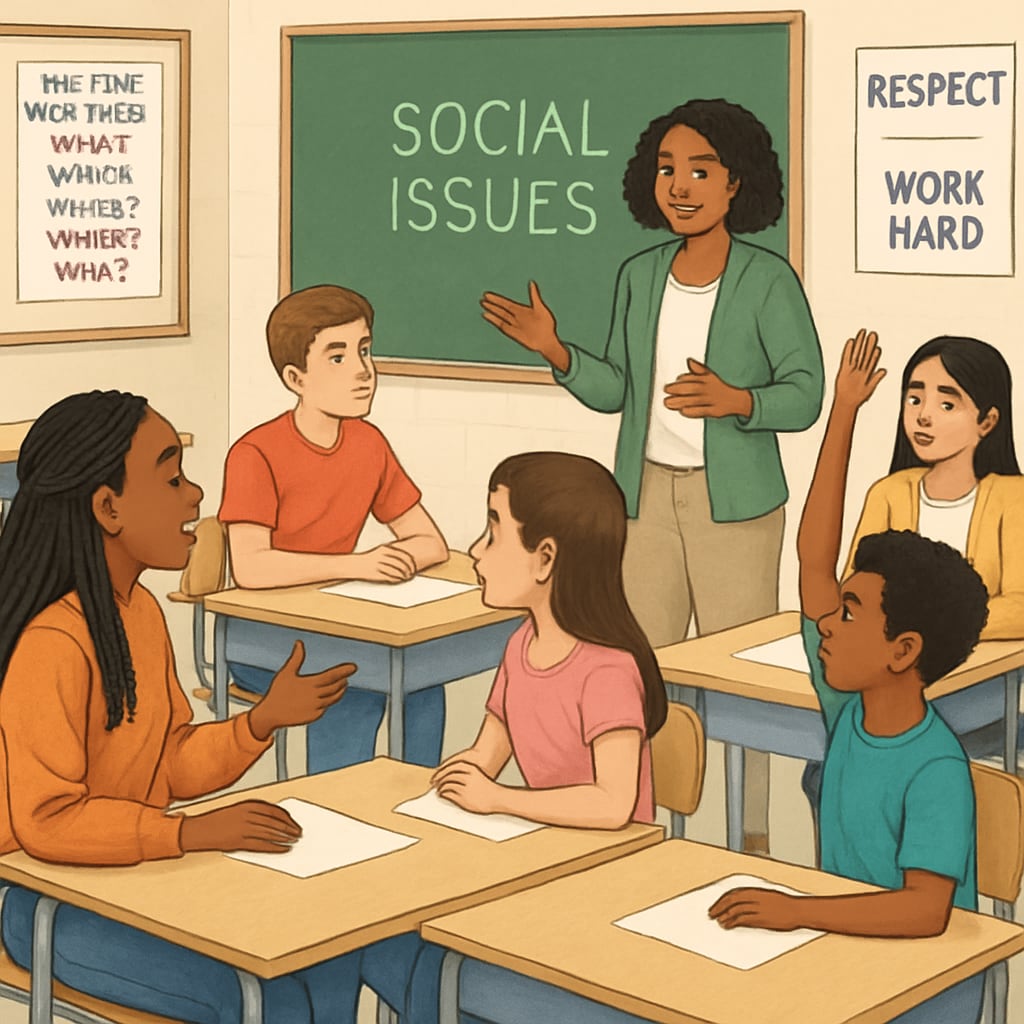 Students in a K12 classroom discussing social issues, reflecting themes of diversity education and academic freedom.