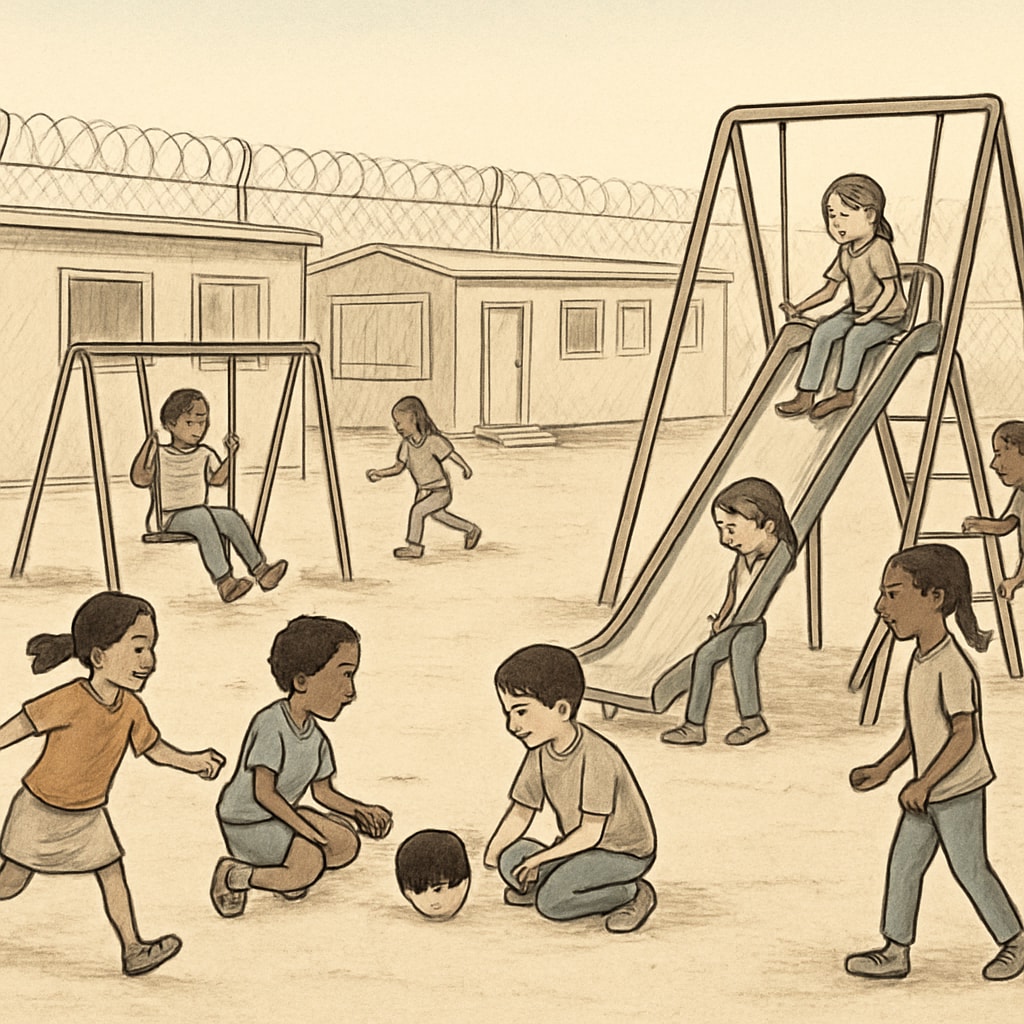 A group of children attempting to play in a crowded, temporary schoolyard with minimal facilities. Temporary schoolyard during reconstruction with limited play facilities.