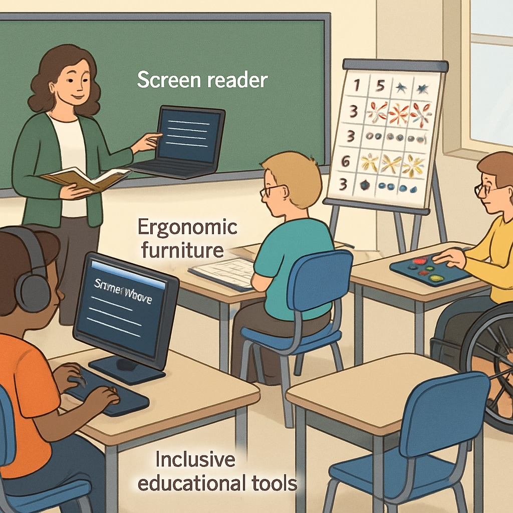 A classroom equipped with adaptive technologies like screen readers and ergonomic furniture, demonstrating inclusivity in education. Inclusive educational environment with adaptive technologies for special needs students.