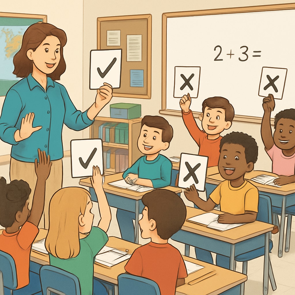 A teacher conducting an interactive activity in a K12 classroom to engage students. Interactive activity in K12 classroom promoting student engagement