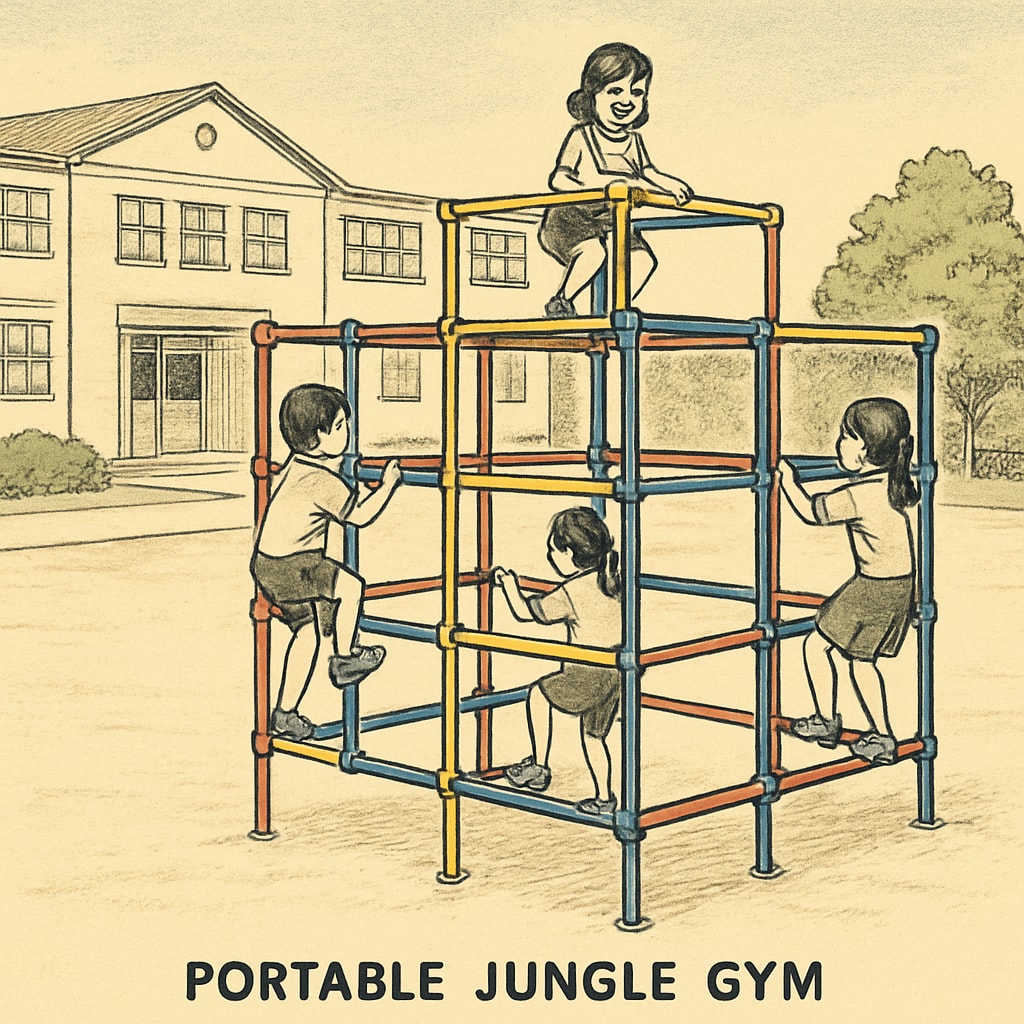 A close-up of a portable jungle gym set up in a temporary schoolyard to compensate for the lack of permanent play structures. Portable play equipment in a temporary schoolyard during reconstruction.
