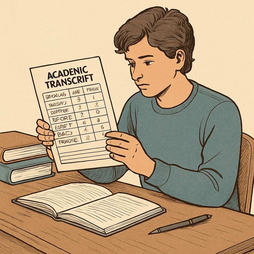 A university student reviewing their transcript, symbolizing the importance of grading choices in shaping career paths. A student reviewing their transcript, representing GPA and P/NP grading decisions.