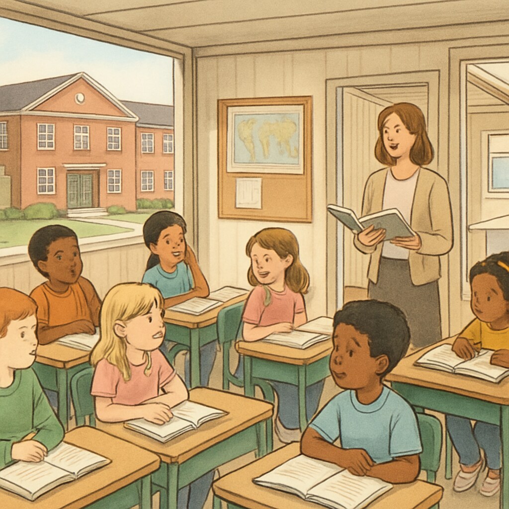 A group of elementary students sitting in temporary classrooms designed within a high school campus, reflecting mixed-age interactions and unique challenges. Elementary students in temporary classrooms within a high school campus.