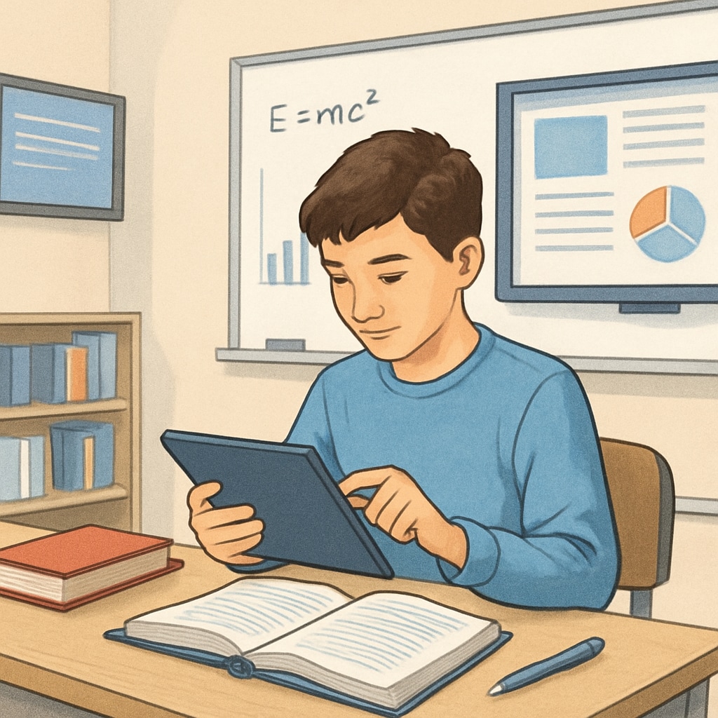 A student using a tablet in a tech-integrated classroom setting. Student engaging with technology in a K12 classroom